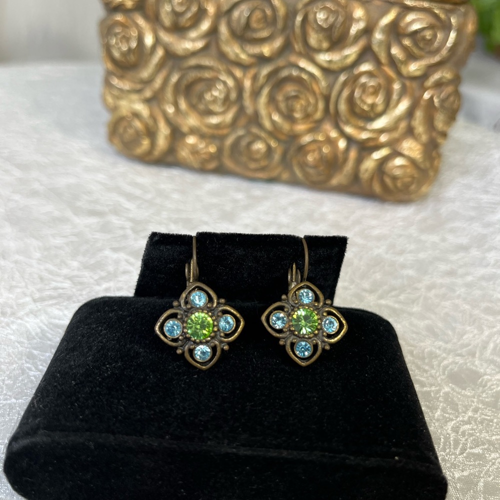 Elegant Green and Blue Floral Earrings